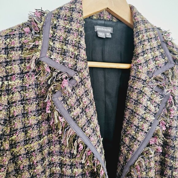 Anthracite Tweed Womens Jacket Sz 10 Black Pink Fringed Edges Hook Closure《896》J - Picture 3 of 7